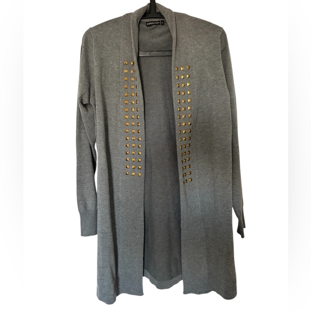 ESPERANZA Studded Longline Duster Cardigan – Grey – Size Large